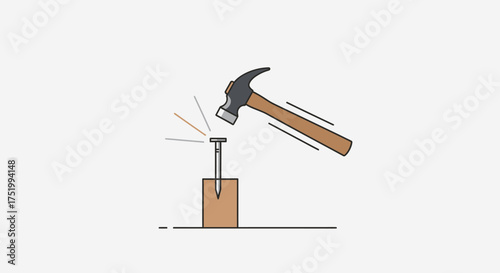 Hammer striking a nail driven into a wooden block