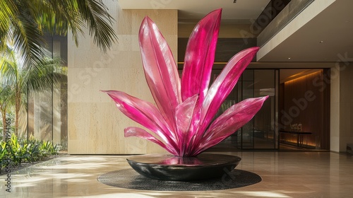 Pink abstract sculpture in modern lobby