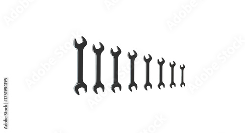 Set of black double open-ended wrench silhouettes arranged diagonally in descending size order.