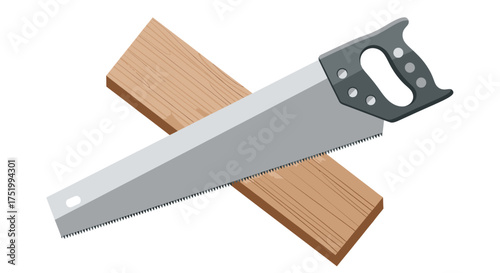 Classic carpenter's handsaw with a sharp steel blade and grey handle resting on a wooden plank.