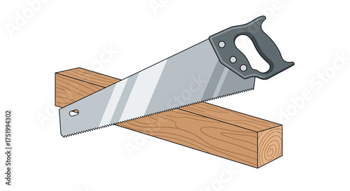 Vector illustration of a metal handsaw with a dark grey handle sawing a wooden block.