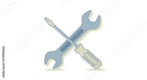 Flat design illustration of crossed light blue wrench and screwdriver, essential repair tools.