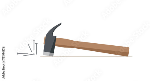 Claw hammer with brown handle and metallic head, flat design, lying next to scattered gray nails.