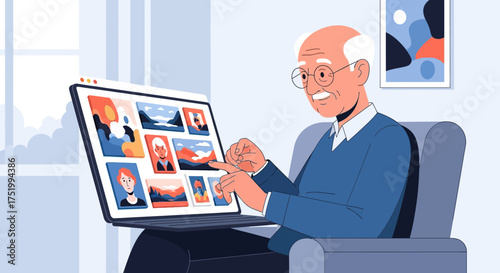 Elderly Man Browsing Digital Photo Album on Laptop