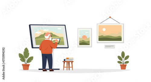 Senior Man Interacting with Interactive Display in Art Gallery