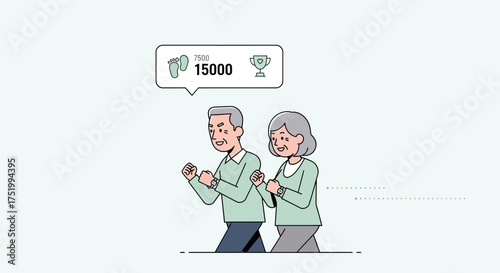 Smiling senior couple walking actively, wearing smartwatches, celebrating fitness achievement.