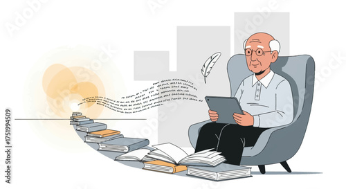 Elderly man in armchair using tablet with books and writing