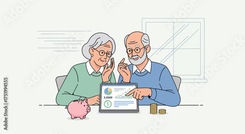 Grey-haired senior couple reviewing financial charts on tablet, piggy bank, and coins, flat illustration style.