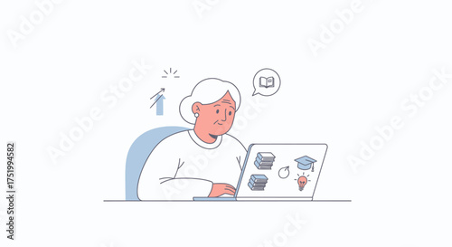 Senior woman with white hair studying online, using laptop displaying books, graduation cap, and idea lightbulb icons, symbolizing education and progress.