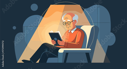 Smiling elderly man with glasses and white hair reading a book in a cozy armchair under a warm light.