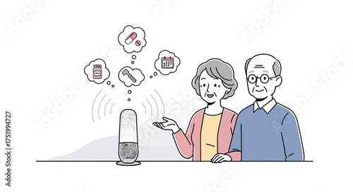 Cheerful senior couple using a smart voice assistant for managing their health and medication.