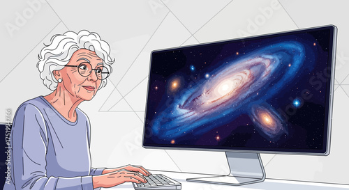 Elderly Woman with Glasses Typing on Keyboard, Galaxy on Computer Screen
