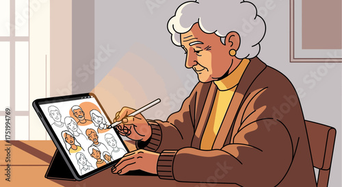 Elderly woman digitally drawing a diverse family portrait on tablet