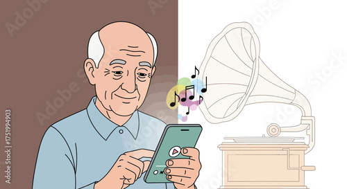 Elderly man using smartphone to play music, contrasting with vintage gramophone