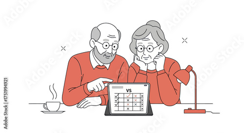 Elderly couple in red sweaters thoughtfully analyzing a comparison chart on a digital tablet screen.