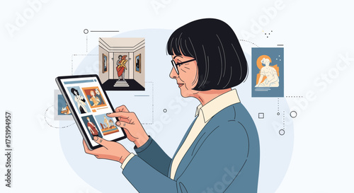 Illustrated mature woman with glasses, short dark hair, focused on a tablet, browsing digital art.