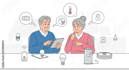 Elderly Couple Interacting with Smart Home Technology, Tablet in Hand