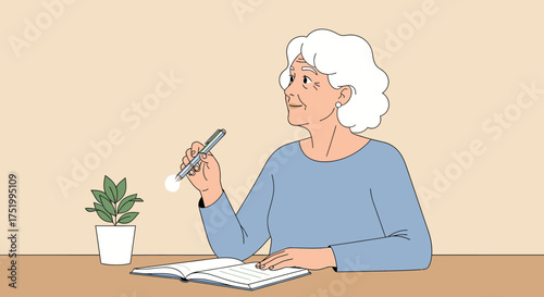 Elderly Woman with White Hair Holding Pen, Contemplating Writing in Book