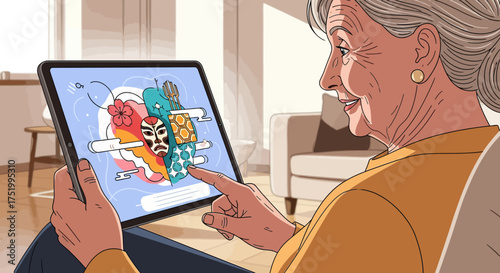 Smiling senior woman with grey hair, engaging with a tablet, vibrant flat illustration.