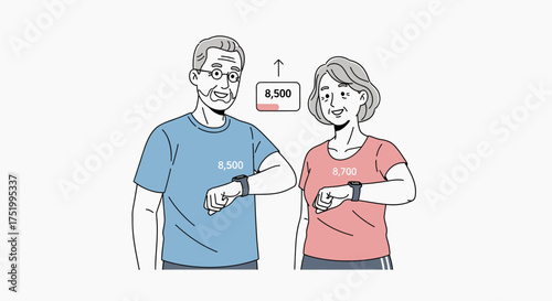 Senior Couple Checking Fitness Trackers, Displaying Steps, Wearing T-shirts, Smiling