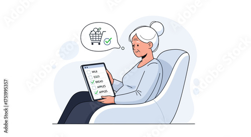 Elderly Woman Relaxing, Shopping Online with Tablet, Grocery List.