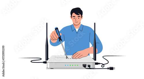Man with screwdriver fixing a wireless internet router with antennas