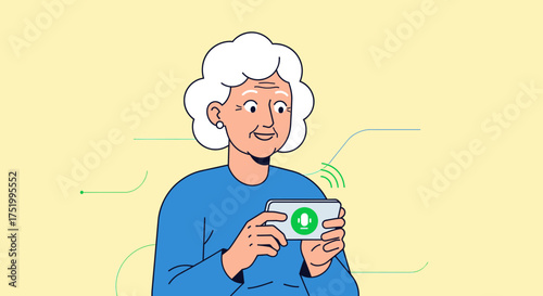 Elderly Woman Holding Smartphone with Voice Assistant Active