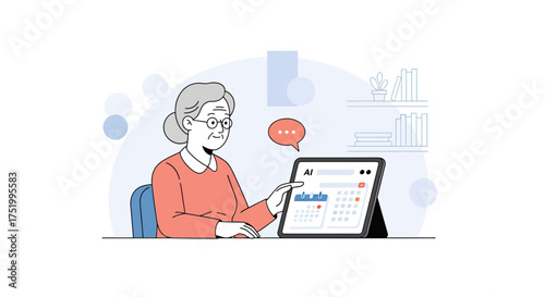 Smiling senior woman with glasses using a smart AI calendar application on her tablet device.