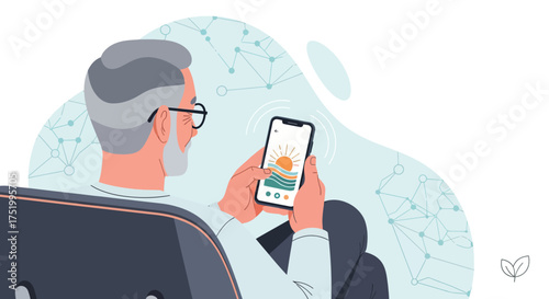Grey-haired senior man with beard and glasses intently using smartphone, flat vector illustration.