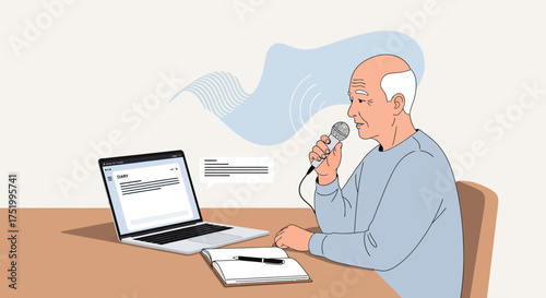 Elderly man with white hair using a microphone for voice-to-text dictation on a laptop diary.