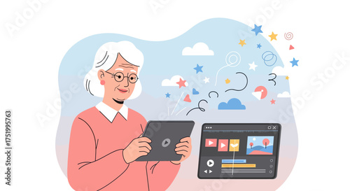 Cheerful senior woman with white hair and round glasses, holding a dark tablet, actively editing digital video content.