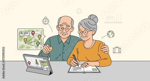 Smiling elderly couple with glasses planning a travel route on a tablet and writing in a notebook.