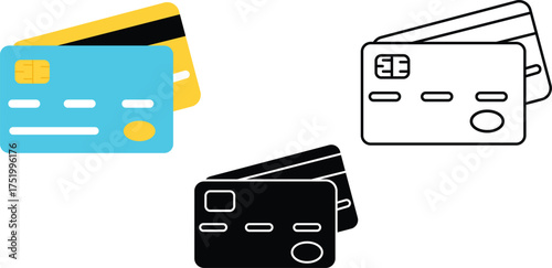 Credit card icon. Two overlapping bank cards with chip and magnetic stripe vector illustration. Digital payment and financial transaction symbol. Electronic money sign. Secure banking pictogram.