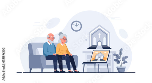 Elderly Couple Watching Church Service Online on Laptop