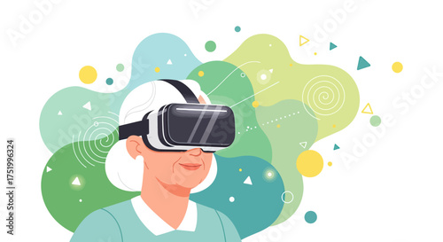 Senior Woman Experiencing Virtual Reality with VR Headset Device