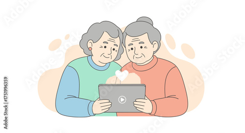 A loving senior couple with grey hair watching a video on a tablet together.