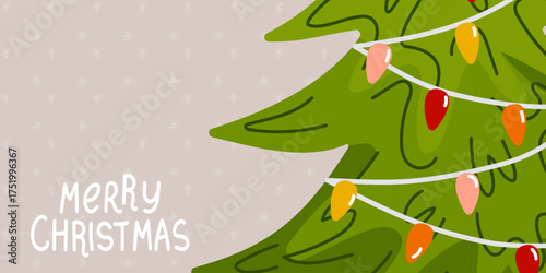 Christmas banner with decorated Christmas tree and colorful lights on light background with snowflakes. Merry Christmas text. Cozy festive design for holiday greetings