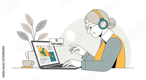 Focused Senior Woman with Headphones and Glasses Working on Laptop Craft Design Illustration