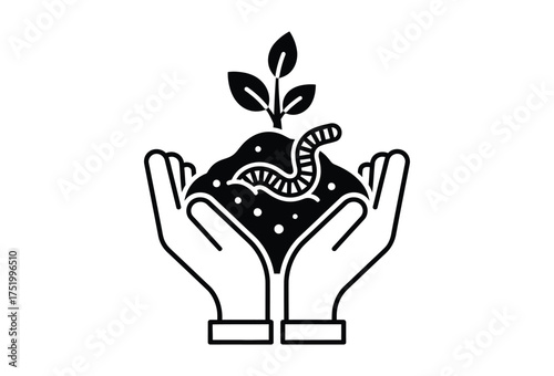 Vector art of hands holding soil with plant and worm