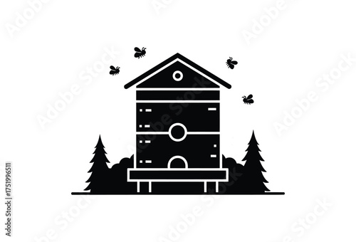 Vector art of beehive with bees and trees silhouette
