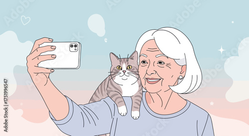 Elderly Woman Taking Selfie with Adorable Striped Cat Companion