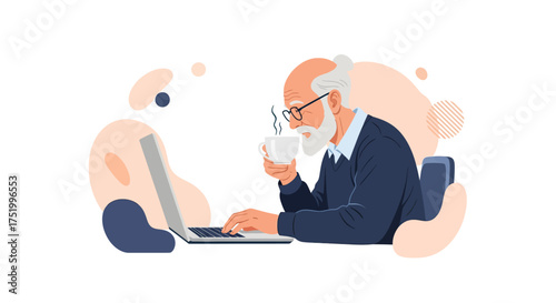 Stylish elderly man with a white beard and glasses working on a laptop while holding a steaming cup.