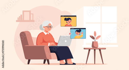 Elderly Woman Using Laptop for Video Call, Sitting Comfortably in Chair