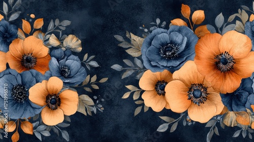 Dark navy floral bouquet, autumnal tones, digital art, seamless repeat