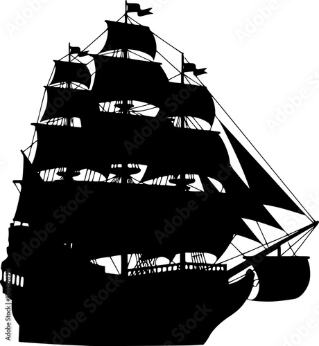 
Pirate ship silhouette. This image shows a black silhouette of a pirate ship with multiple sails and masts, also known as a galleon or frigate. Vector clipart illustration design