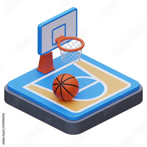 Isometric Basketball Court with Ball and Hoop 3D Vector Graphic for Sports Design Projects and Creative Content