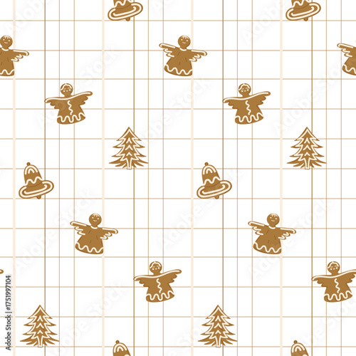 Gingerbread angels, bells, and Christmas trees. Seamless checkered Christmas pattern. Festive New Year background