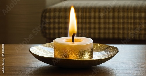 Burning candle rests within golden dish. Soft light illuminates wooden surface, creating warm ambiance. Focus is on flame.