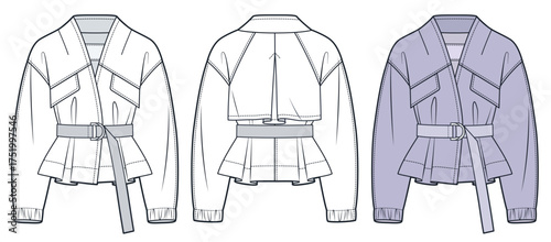 Trench Coat technical fashion Illustration. Cropped Jacket fashion flat technical drawing template, pockets, d-ring belt, front and back view, white, lilac, women, men, unisex Outerwear CAD mockup.