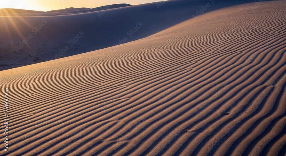 Naklejka premium Sand dune with ripples at sunset in desert landscape with sunburst